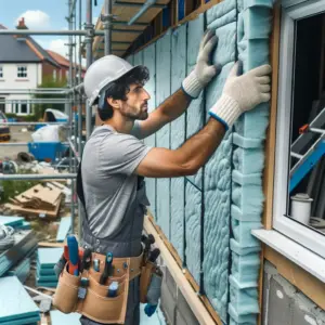 Operaio che installa un cappotto termico esterno in una casa in costruzione